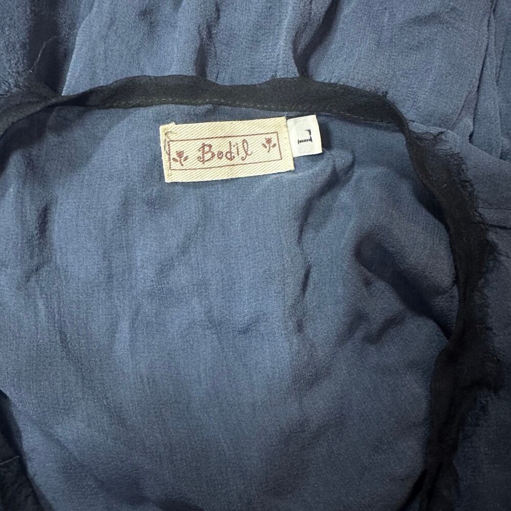BODIL Lagenlook Blue Sheer LS Silk Blouse L black trim Art To Wear Layered USA - Picture 7 of 7